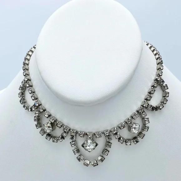 Vintage Clear Rhinestone Faux Diamond Ornate Choker Necklace - Picture 1 of 13